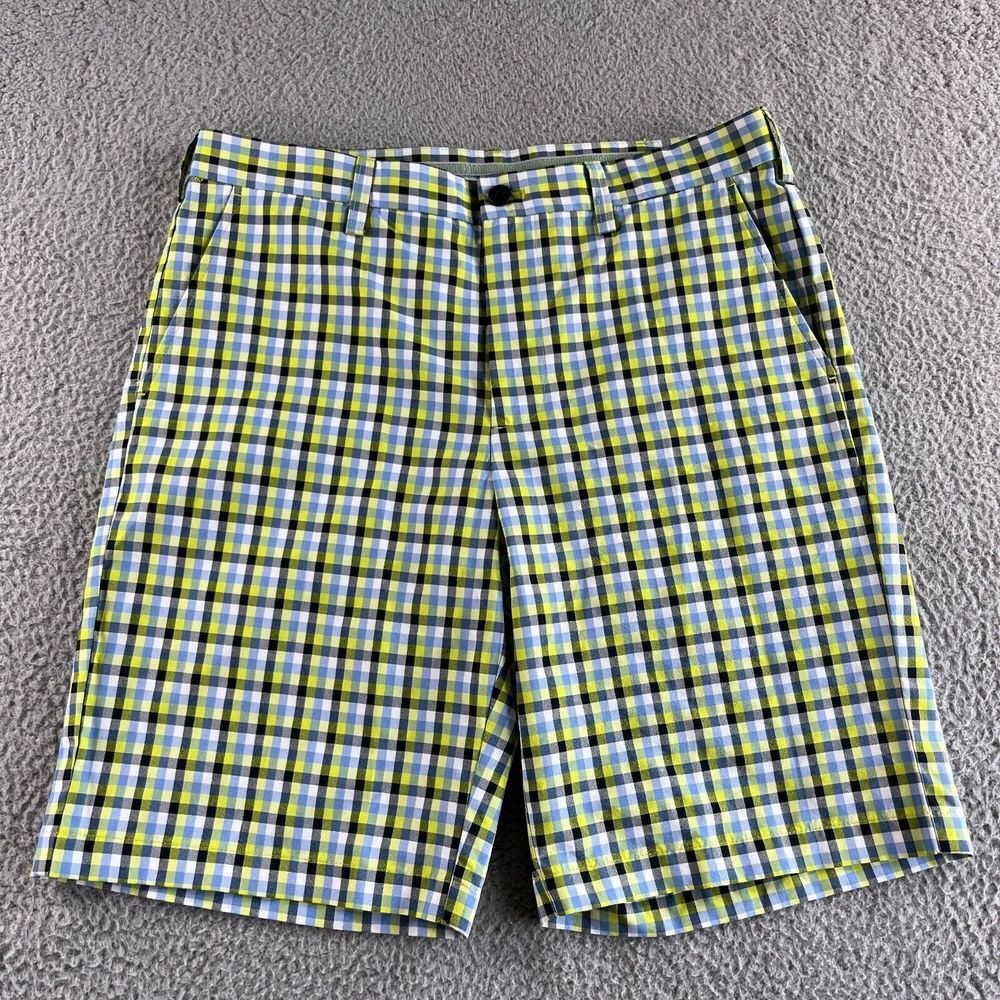 NEW IZOD Shorts Mens 33 (Fits 34) Green‎ Black Chino Gingham Check Golf Outdoor